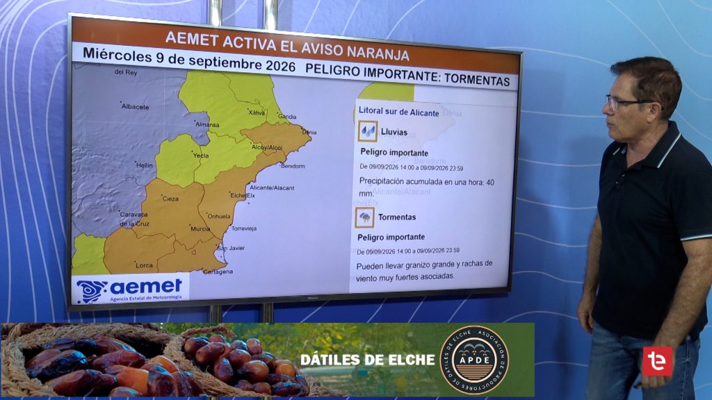 AEMET activa mañana miércoles 9, entre las 14:00 y las 23:59 h, el aviso naranja en todo el litoral de Alicante por precipitaciones con acumulados de 40 litros/m2 en una hora, acompañadas de tormenta con fuertes rachas de viento, incluso pueden llevar granizo grande.